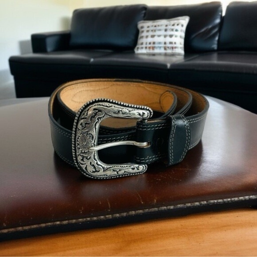 Western Cowboy Black Grain Leather Eagle Embossed Silver Brass Buckle Belt Sz 42